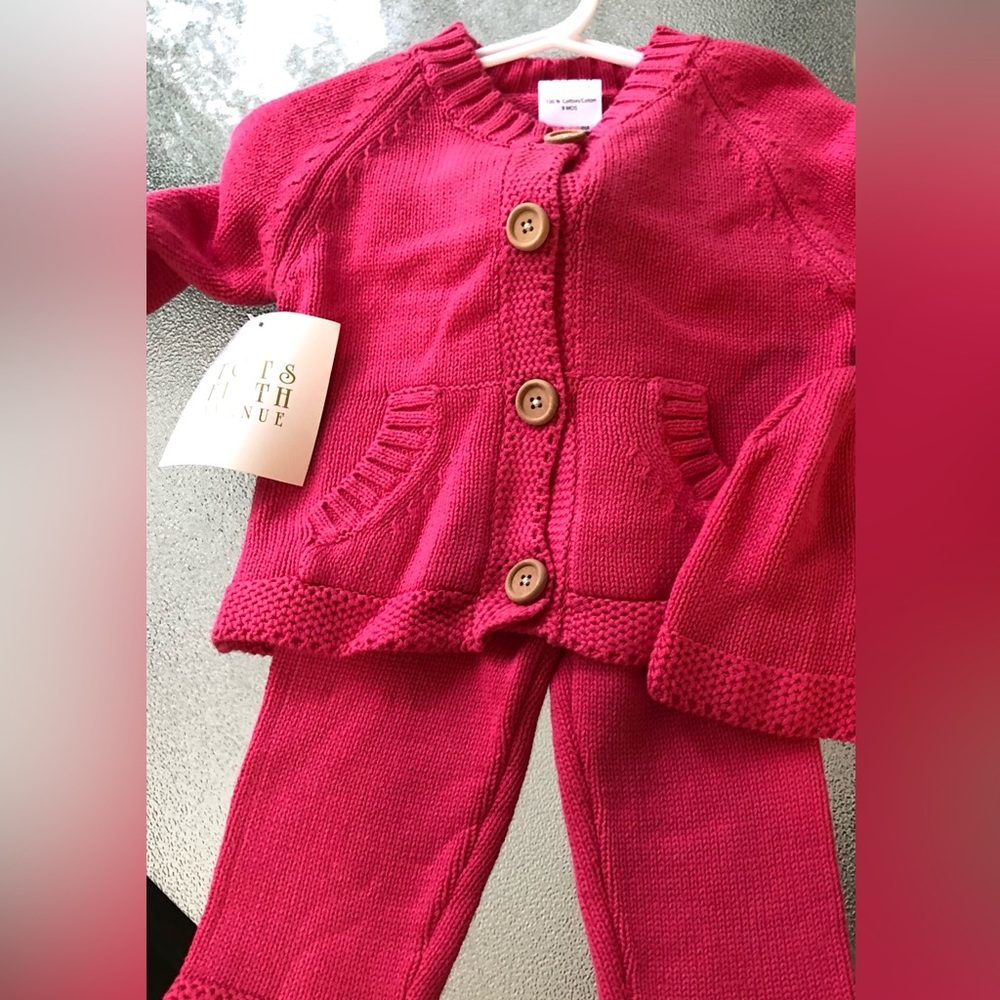 Tots Fifth Avenue Knit Cardigan Set / Size 12 Months/Hat Cardigan Pants/Pink/NWT